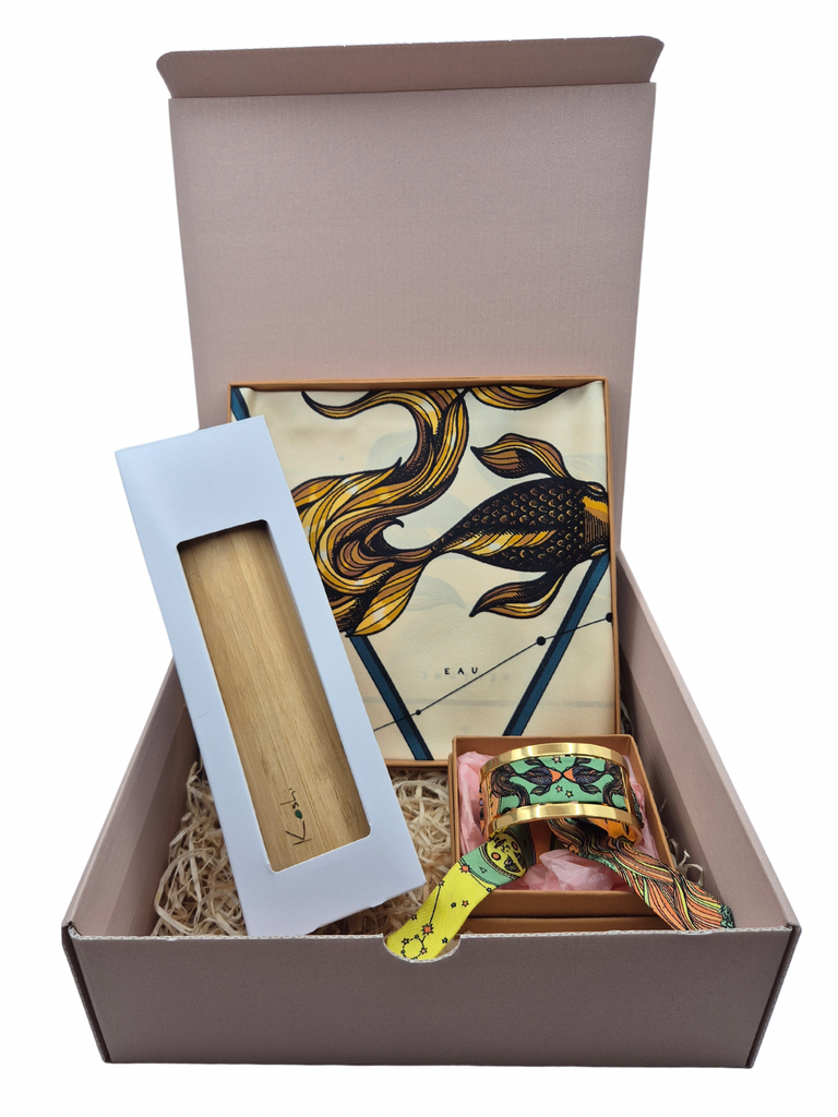 Luxury gift box Pisces, silk scarf pisces, koshi chime, gold bracelet with silk ribbon pisces