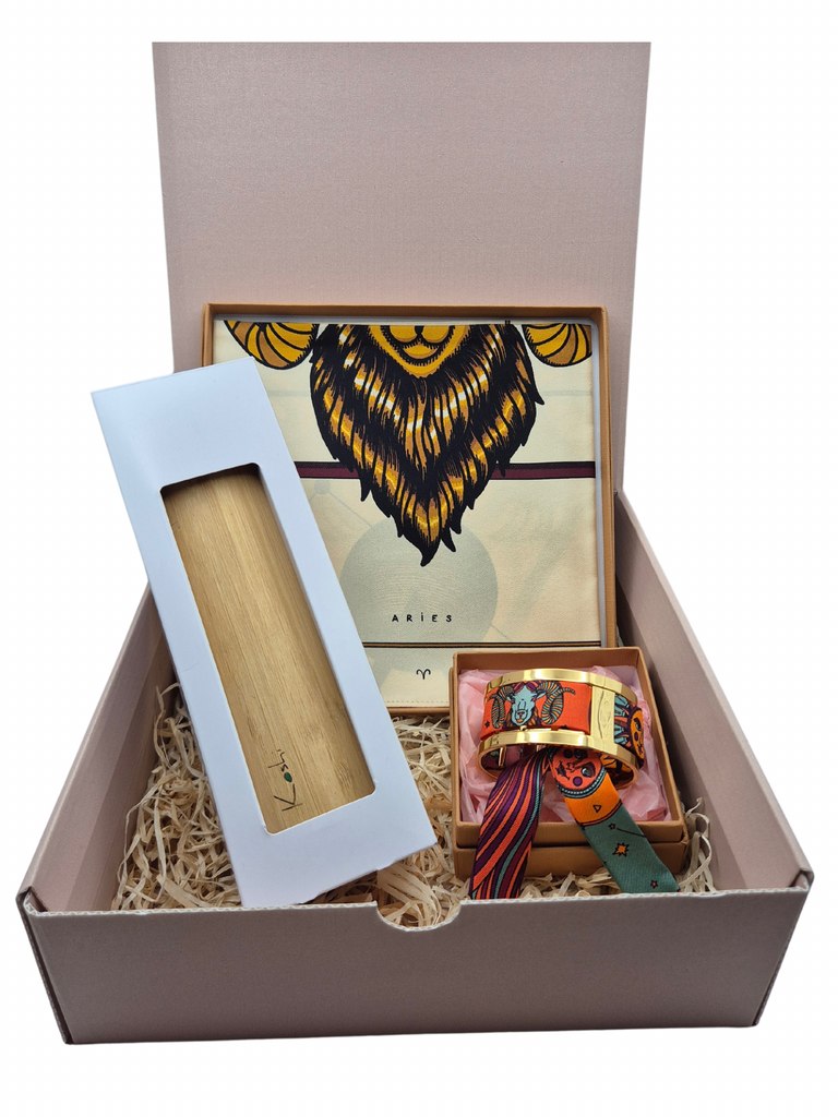 Luxury gift box Aries, silk scarf aries, Koshi Chime, gold bracelet with silk ribbon aries